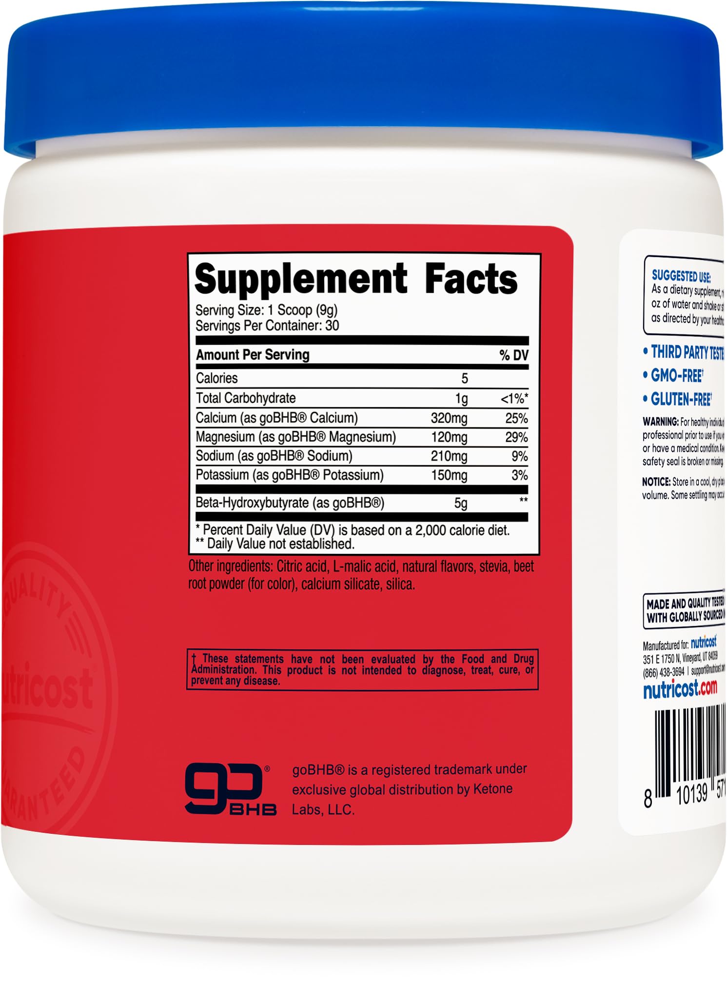 Nutricost BHB salts drink mix packaging showcases 30 servings and value.