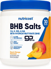 Nutricost BHB salts drink mix peach mango bottle with fruity flavor for daily hydration.