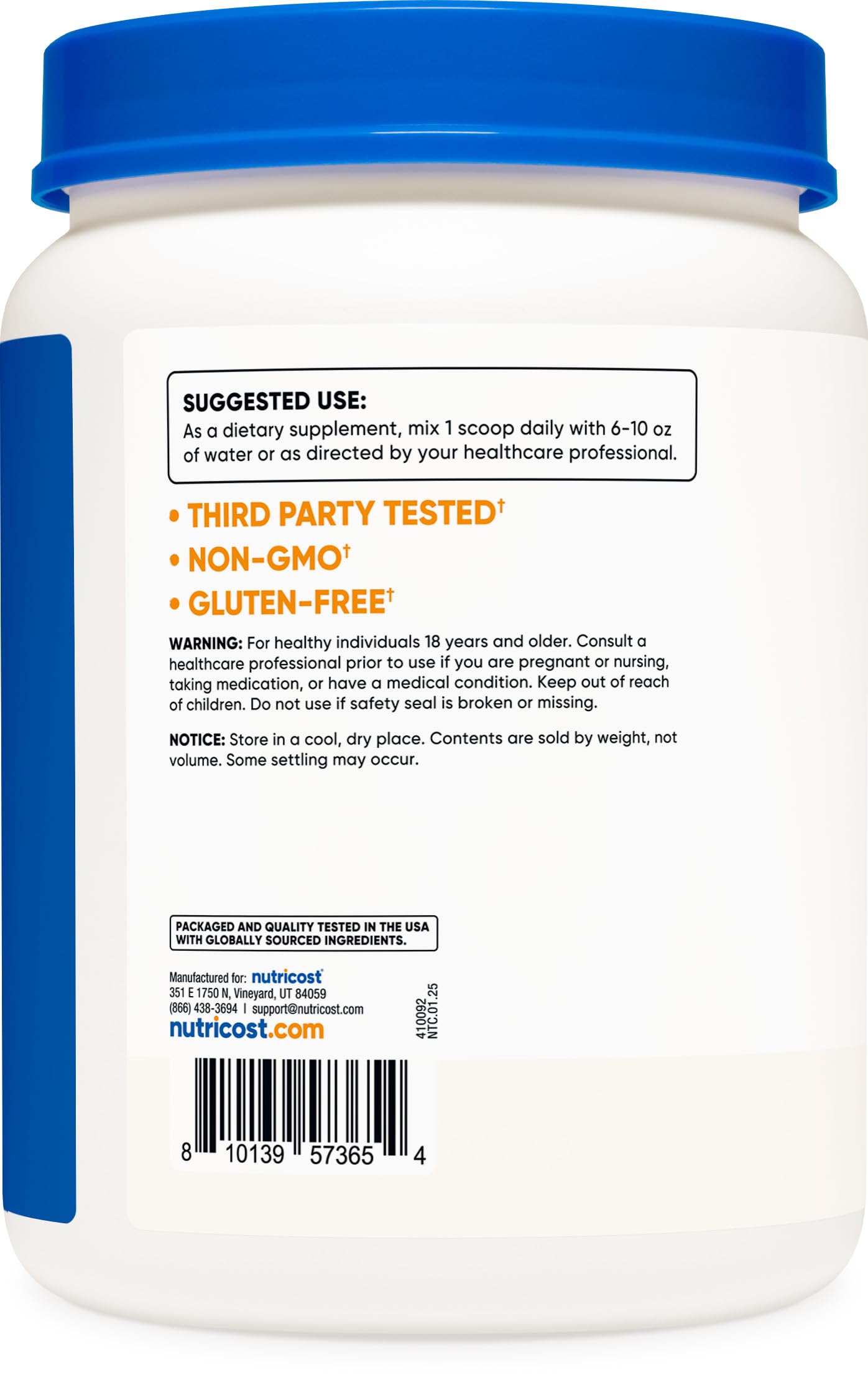 Nutricost brand label close-up on L-Arginine container highlighting quality