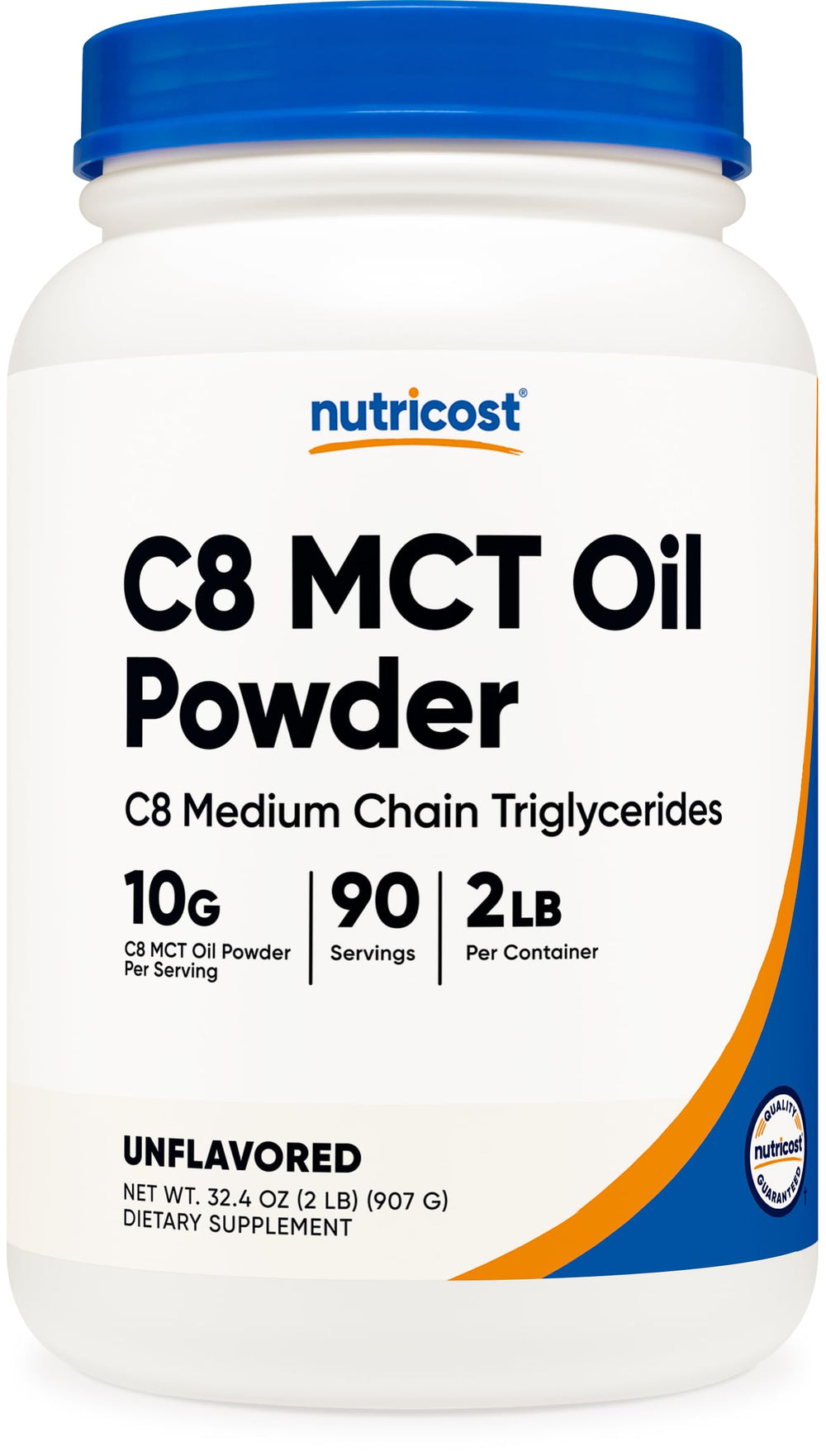 Nutricost C8 MCT Oil Powder bottle pouring into a glass for quick energy