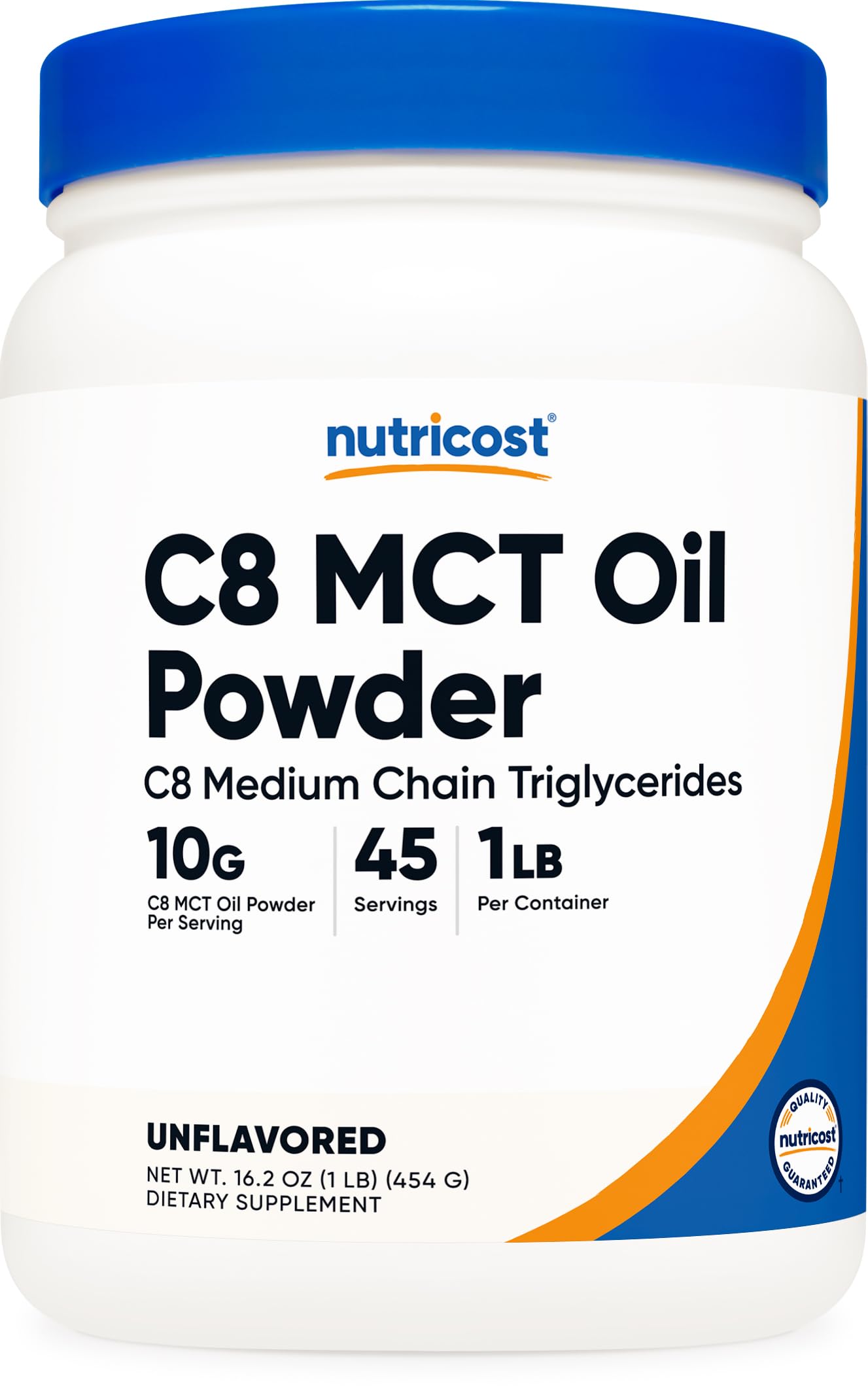 Nutricost C8 MCT Oil Powder bottle shows 95% C8 for versatile keto use