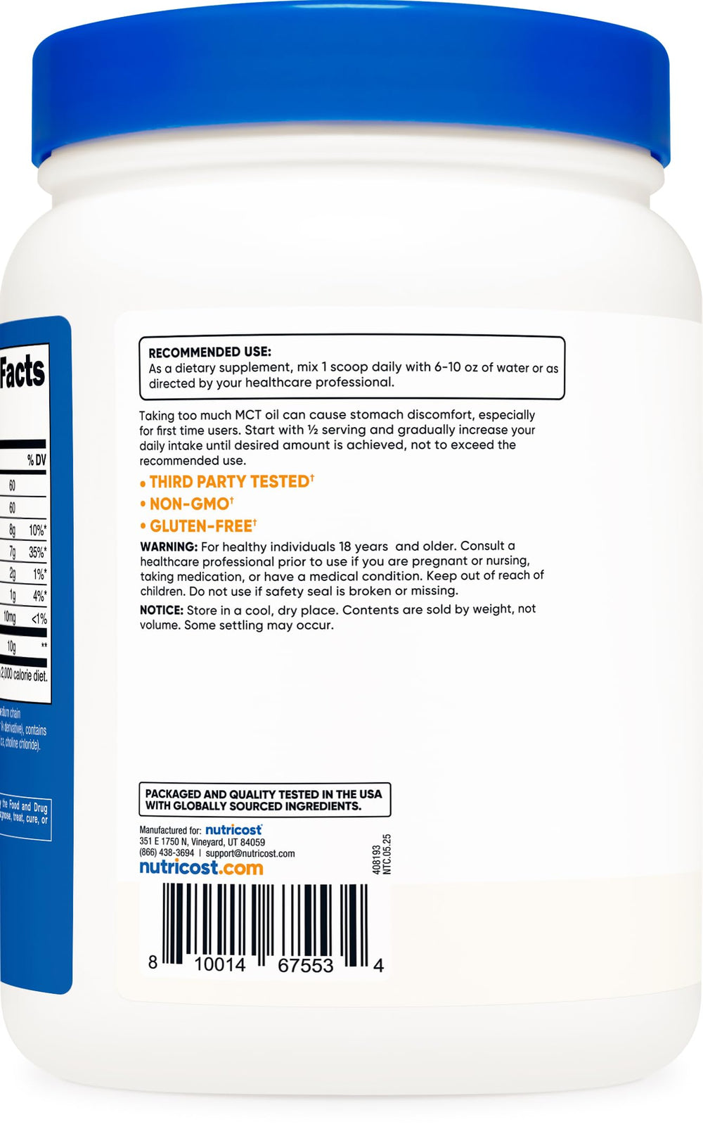 Nutricost C8 MCT Powder label highlights 95% C8 quality