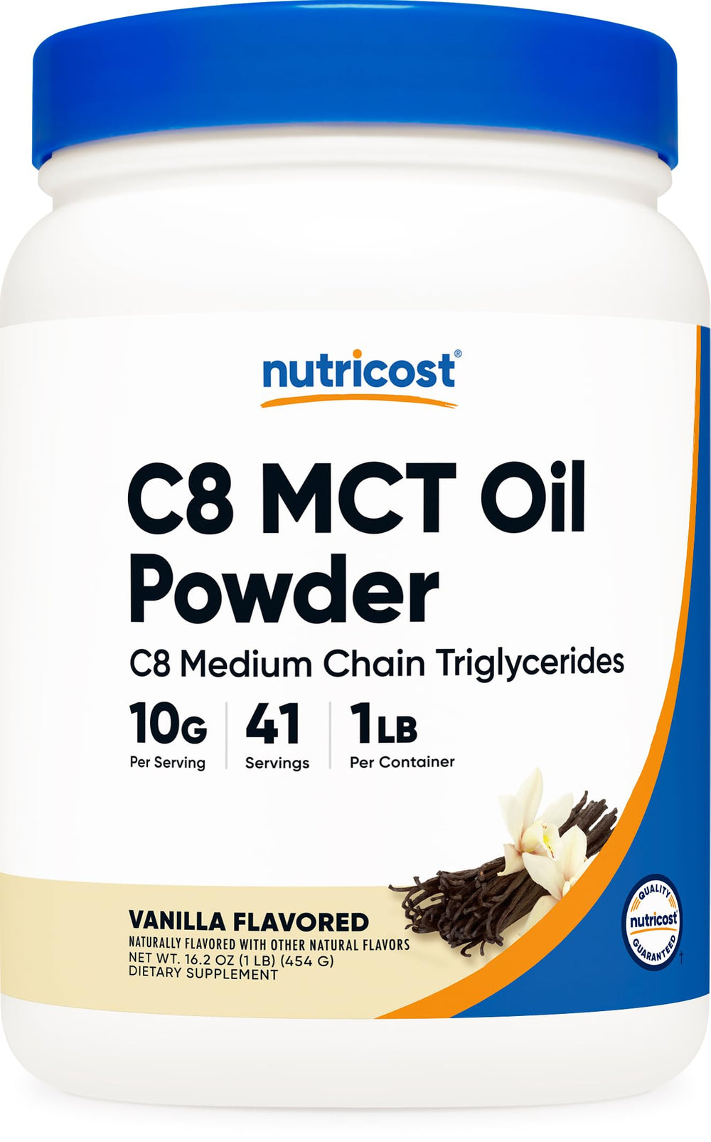 Nutricost C8 MCT Oil Powder vanilla jar showing 95% C8 for keto-friendly fat support