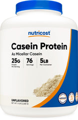 Nutricost casein powder 5lb bottle for steady protein between meals.