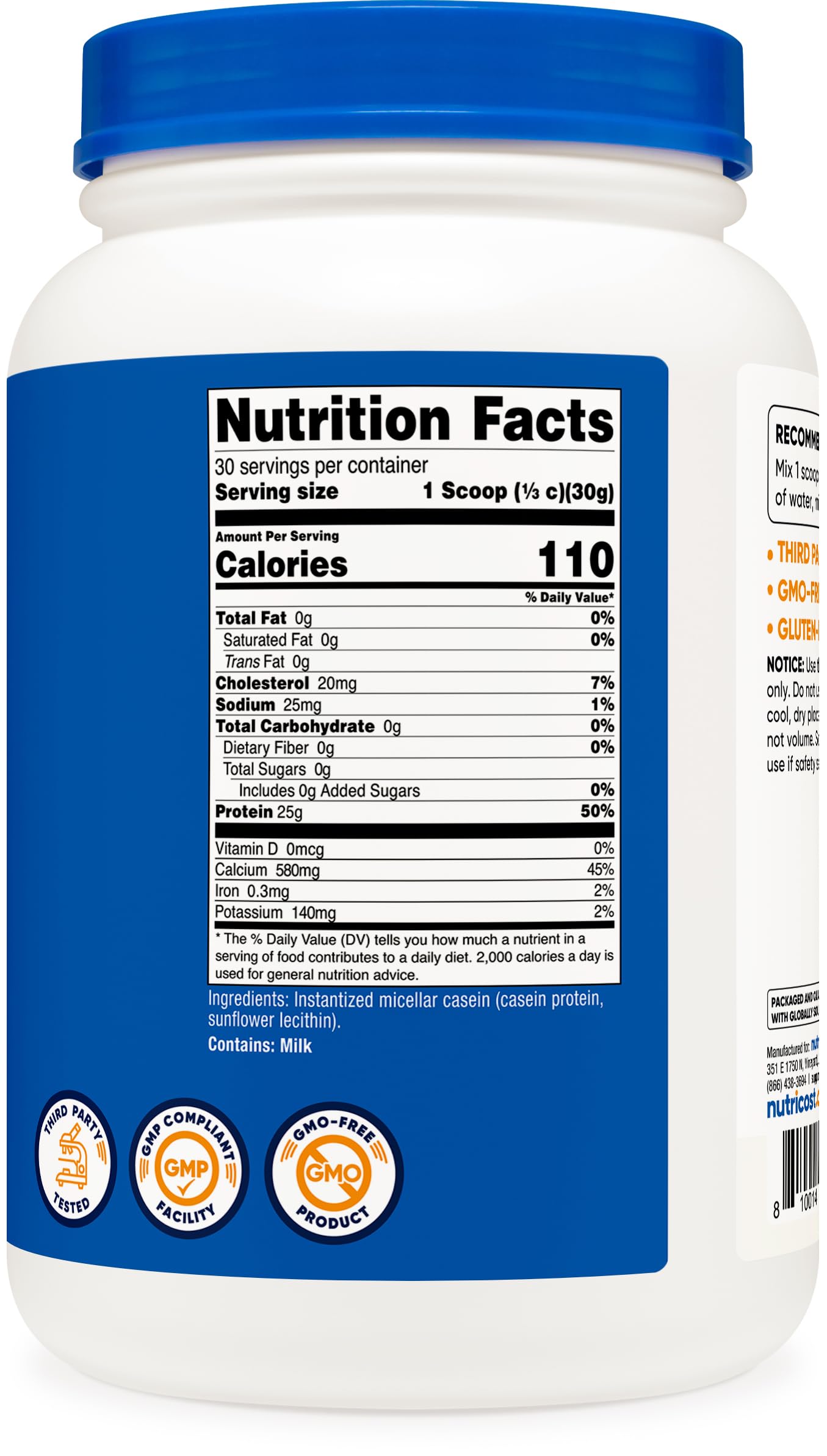 Nutricost Casein powder packaging display, resealable tub for convenient daily use