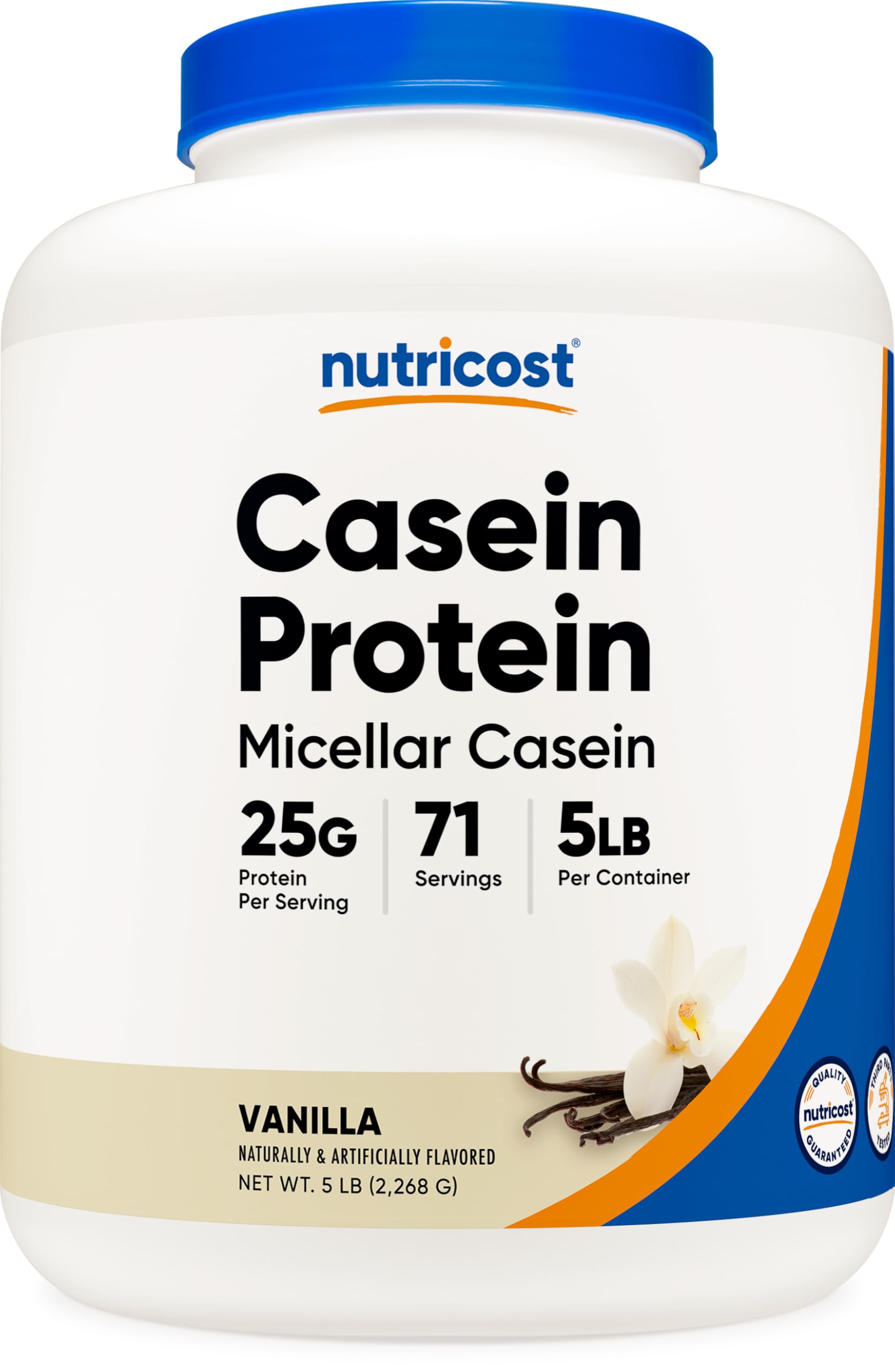 Nutricost Casein Vanilla 5lb packaging shown for convenient protein supplementation