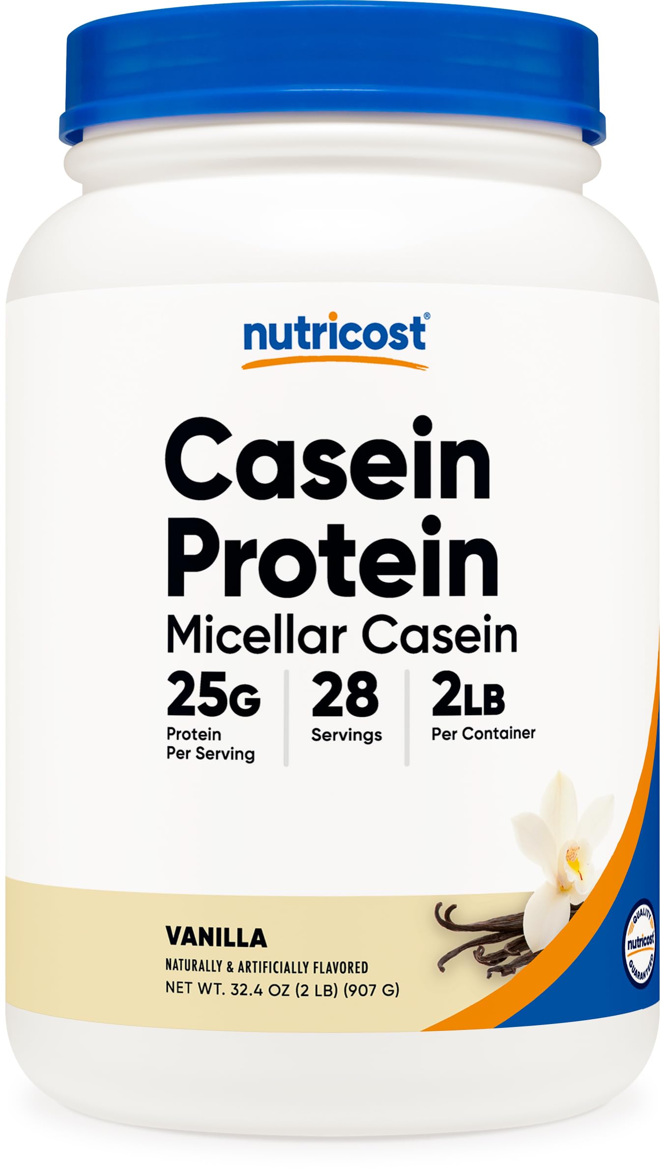 Nutricost vanilla micellar casein powder can showing gluten-free and non-GMO quality.