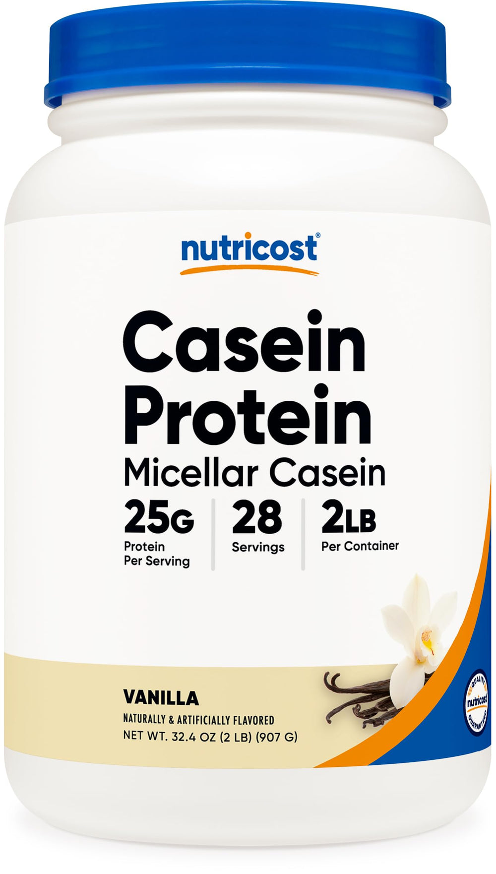 Nutricost vanilla micellar casein powder can showing gluten-free and non-GMO quality.