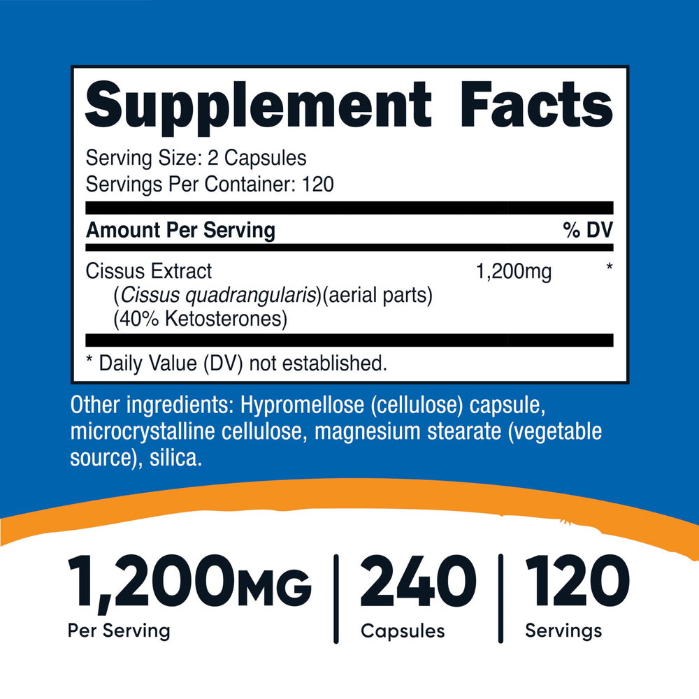 Nutricost Cissus Quadrangularis capsules-pour showing two capsules per serving for easy dosing