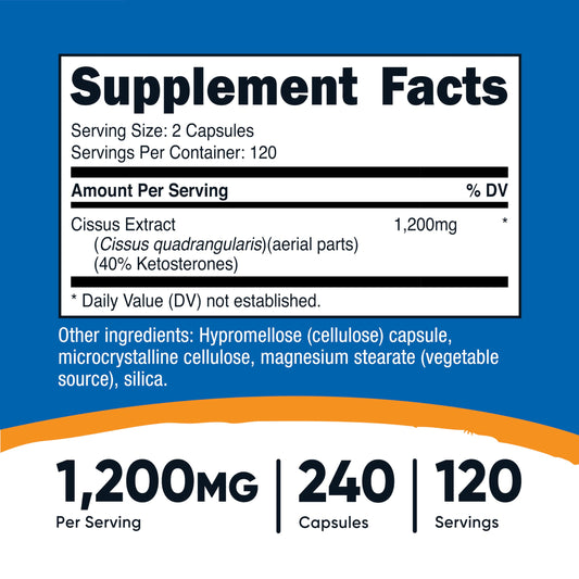 Nutricost Cissus Quadrangularis capsules-pour showing two capsules per serving for easy dosing