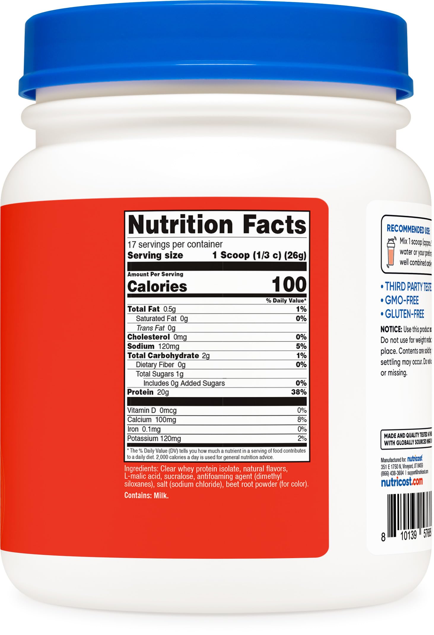 Nutrition facts panel on Nutricost Tropical Punch mix packaging