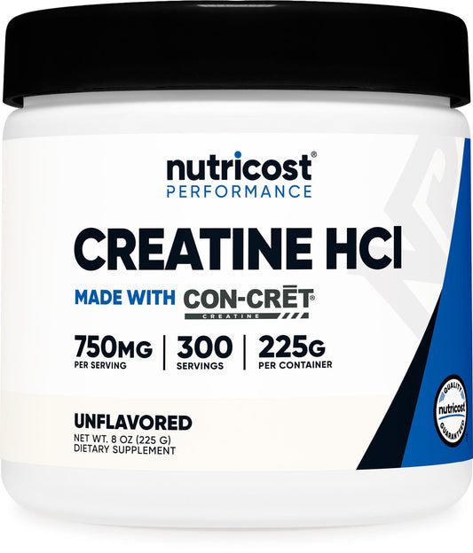 Nutricost Creatine HCl bottle with CON-CRET formula for enhanced workouts.