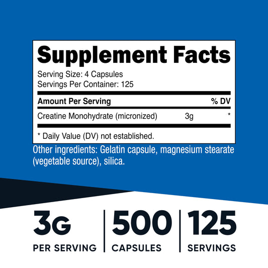 Nutricost Creatine Monohydrate capsules close-up showing micronized texture