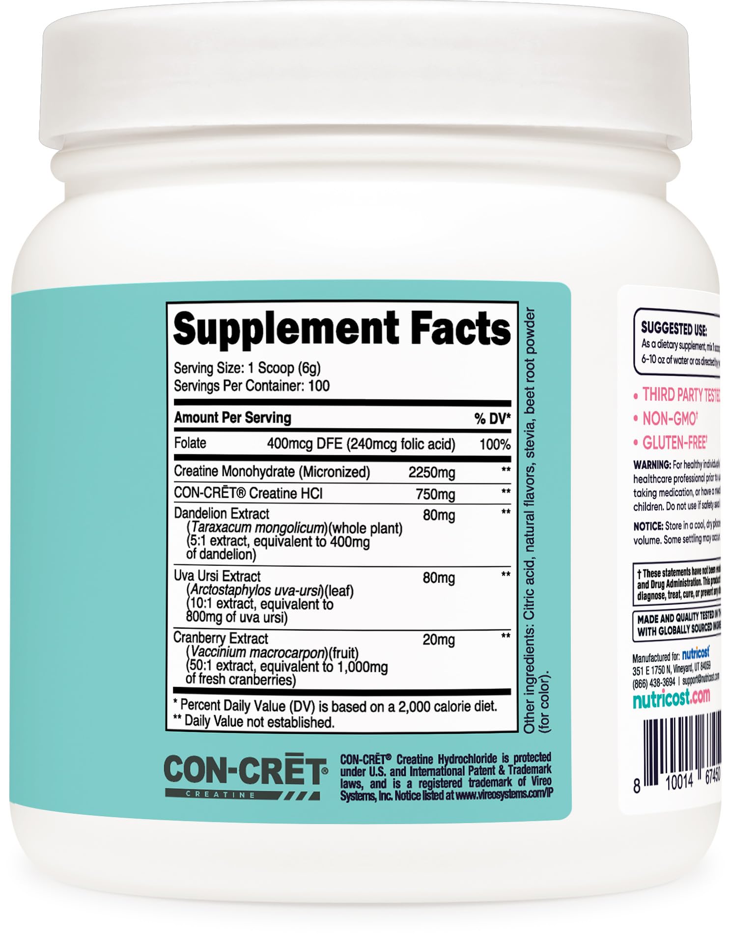Nutricost Creatine ingredients panel highlights vegetarian, gluten-free formula.