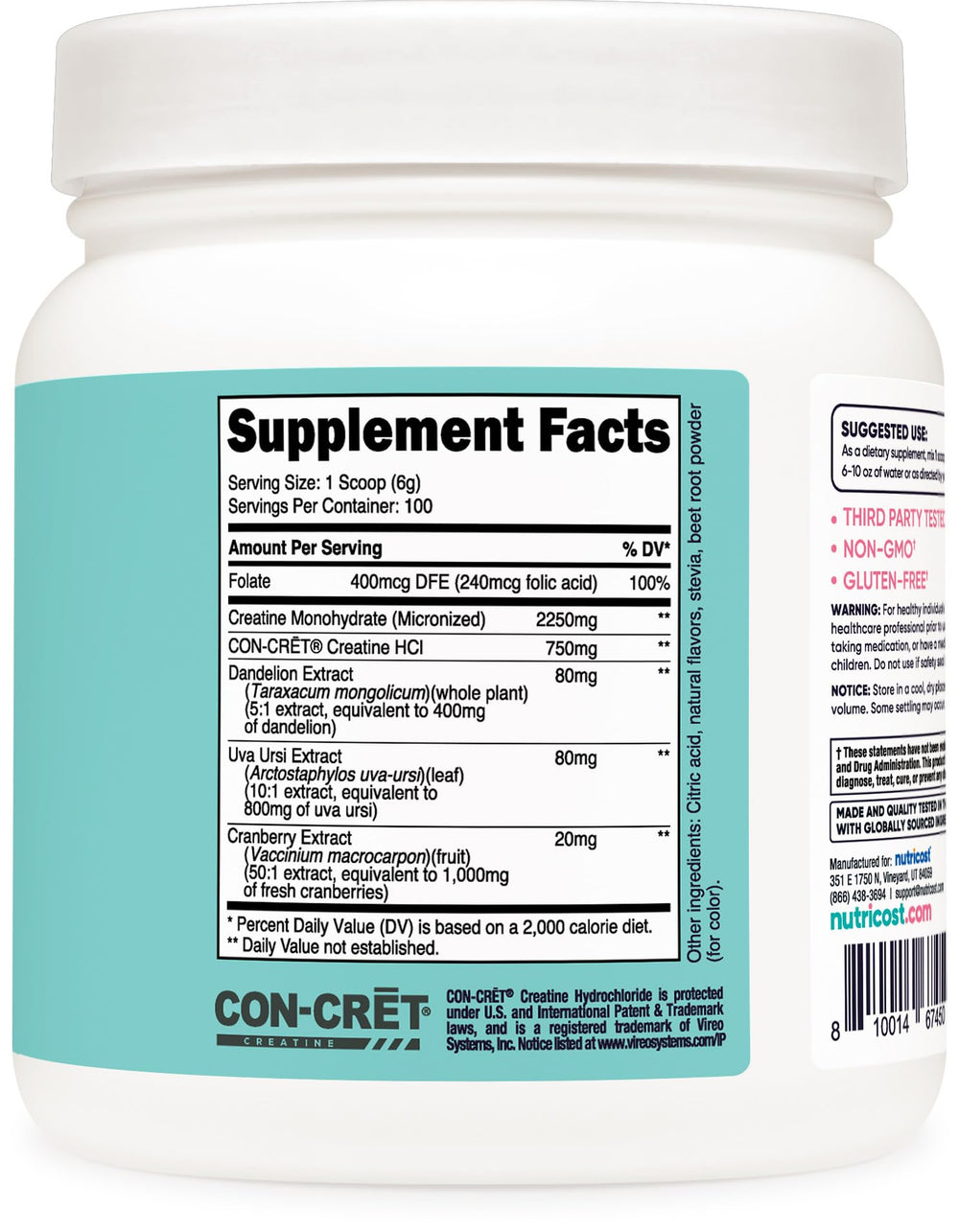 Nutricost Creatine ingredients panel highlights vegetarian, gluten-free formula.