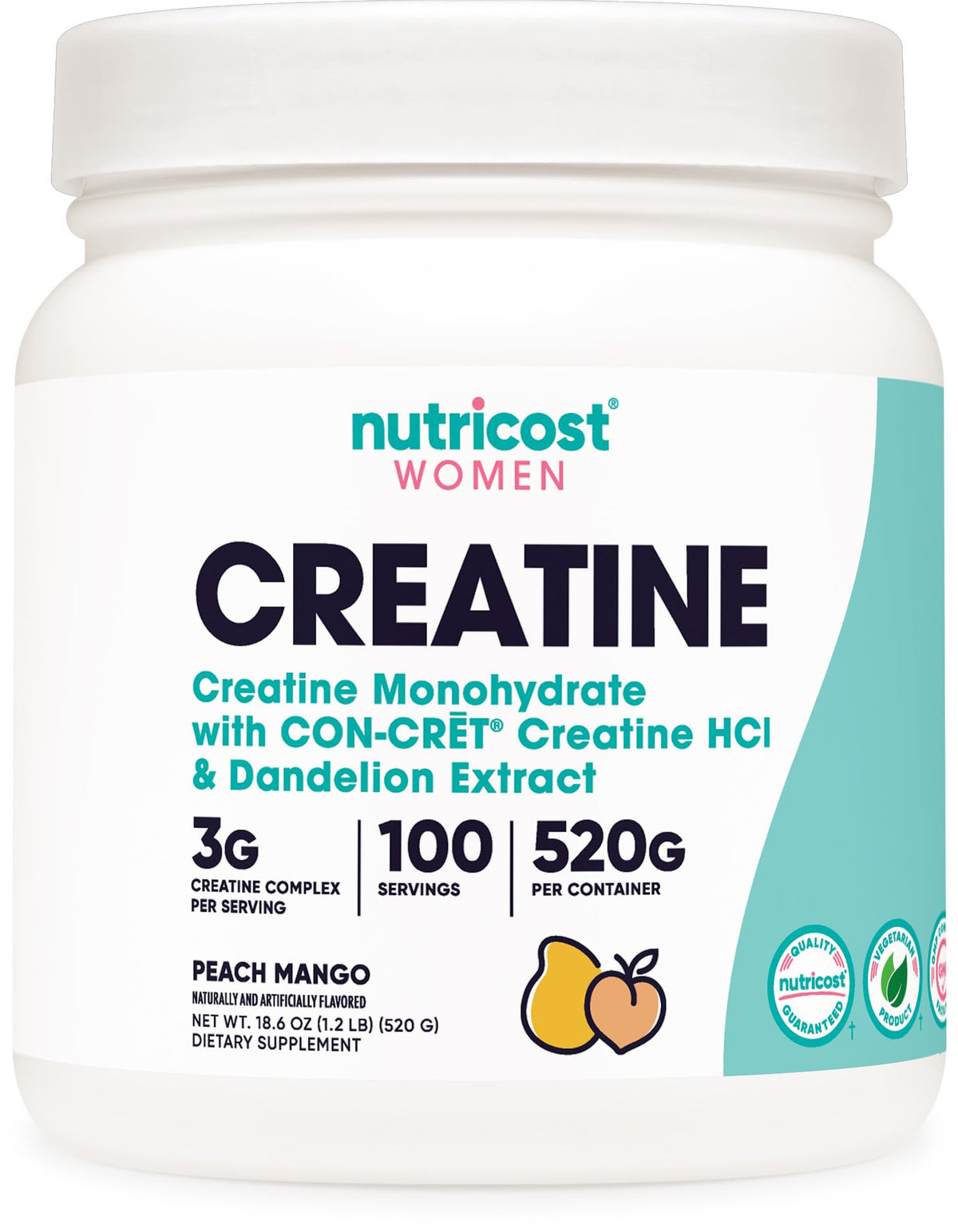 Nutricost Creatine Monohydrate Peach Mango bottle for workouts.