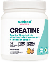 Nutricost Creatine Monohydrate Peach Mango bottle for workouts.