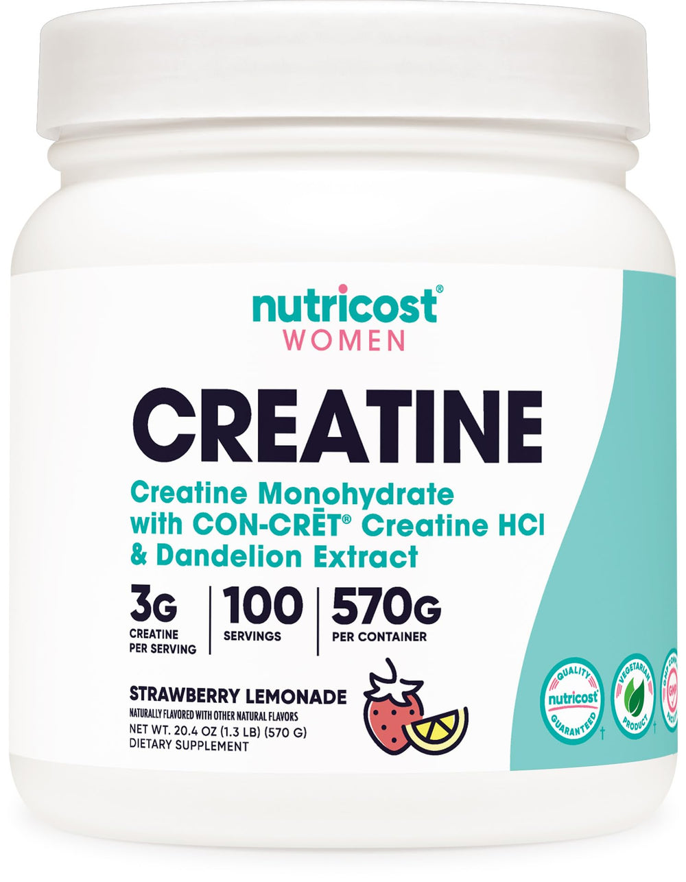 Nutricost Creatine Monohydrate powder bottle front for daily active lifestyle.