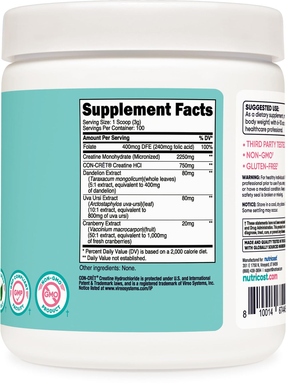 Nutricost creatine monohydrate powder lifestyle shot emphasizes gluten-free and vegetarian friendly