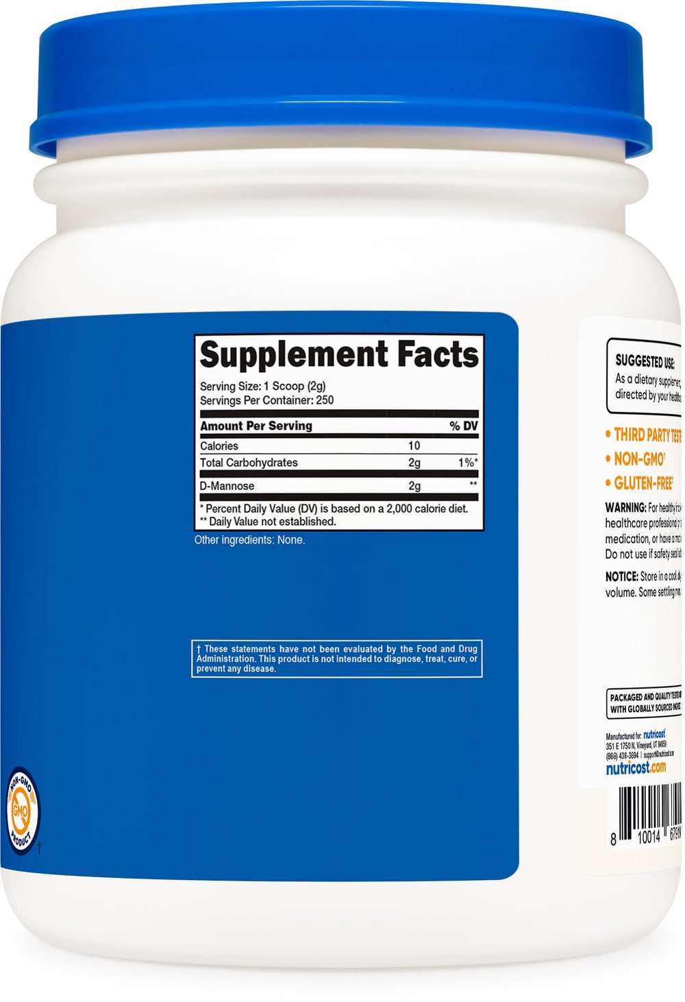 Nutricost D-Mannose packaging, 500 g jar for long-term supply.