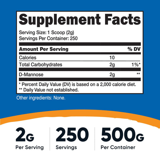 Nutricost D-Mannose powder scoop for precise 2 g servings.