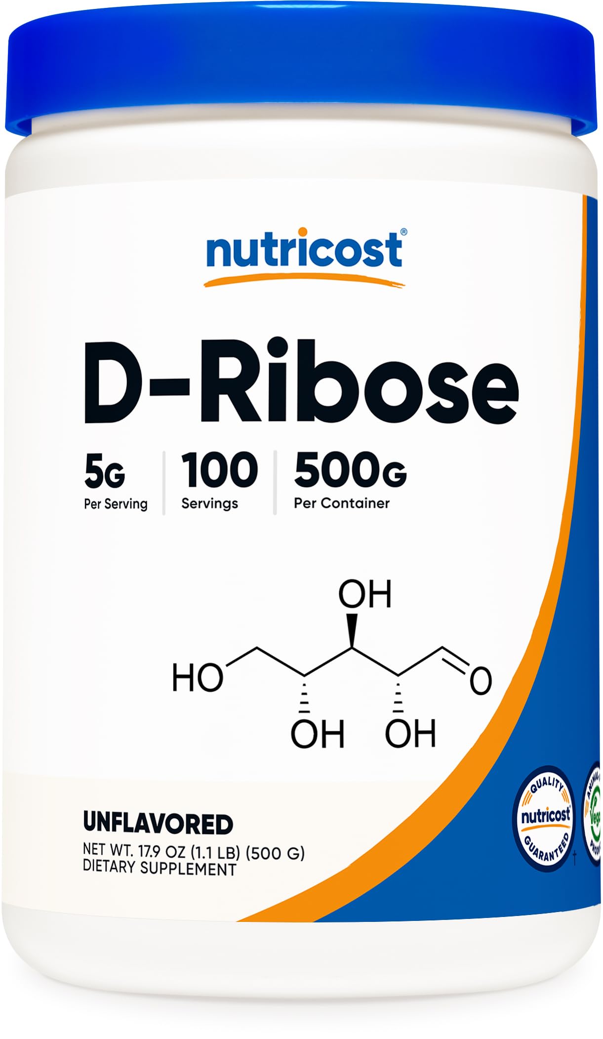 Nutricost D-Ribose powder bottle 500g with high-potency serving