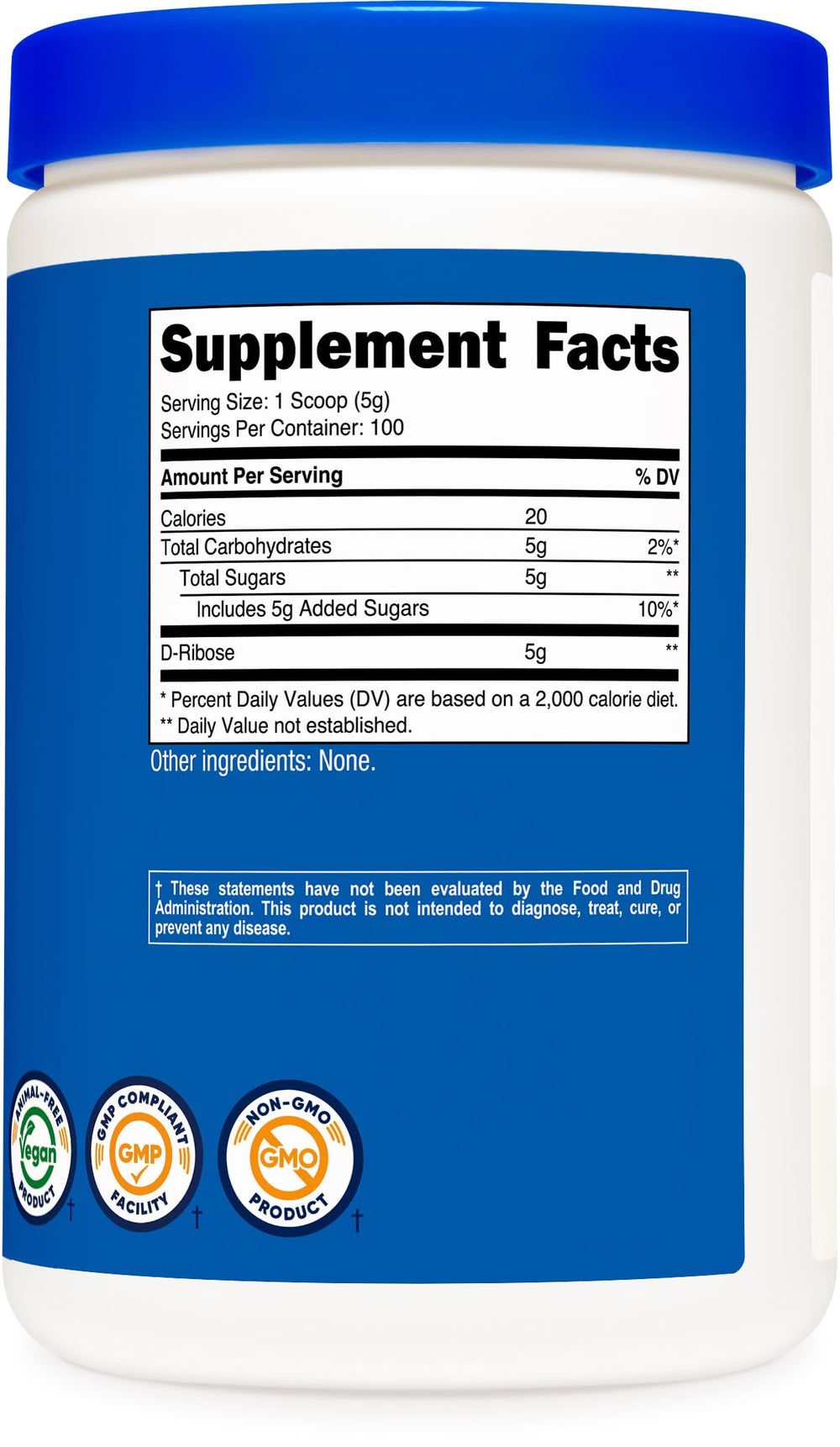 Front label of Nutricost D-Ribose powder highlighting non-GMO and gluten-free
