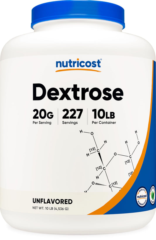 Nutricost Dextrose powder bottle close-up, highlighting purity for energy drinks.