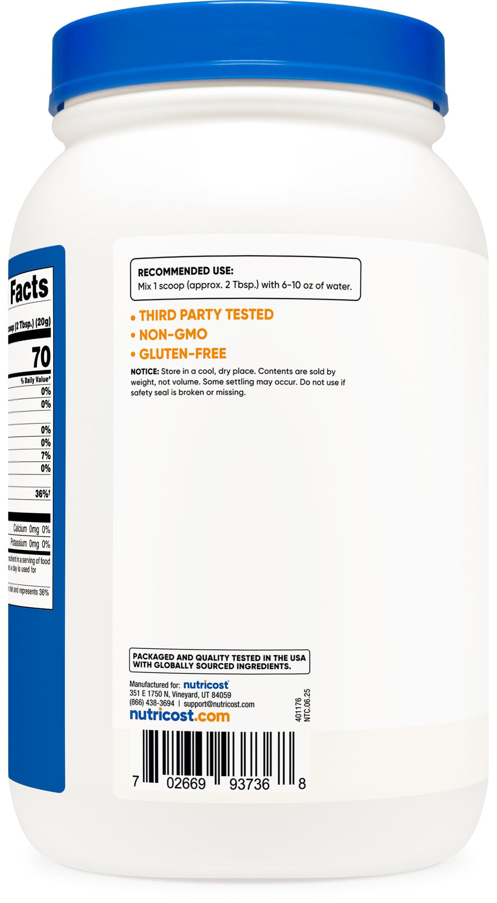 Nutricost dextrose powder canister with clear label for easy pantry storage.