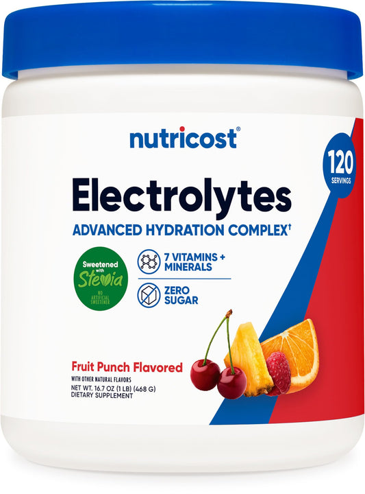 Nutricost Electrolyte Complex tub front for convenient daily hydration support.