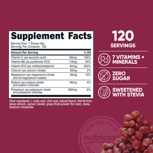 Nutricost Electrolyte Complex Powder grape scoop showing easy mixing