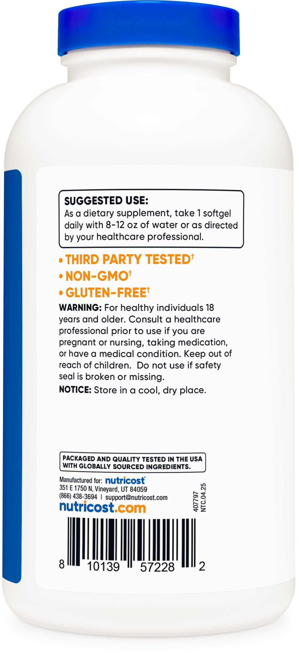Nutricost omega-3 label focuses on non-GMO and gluten-free features.