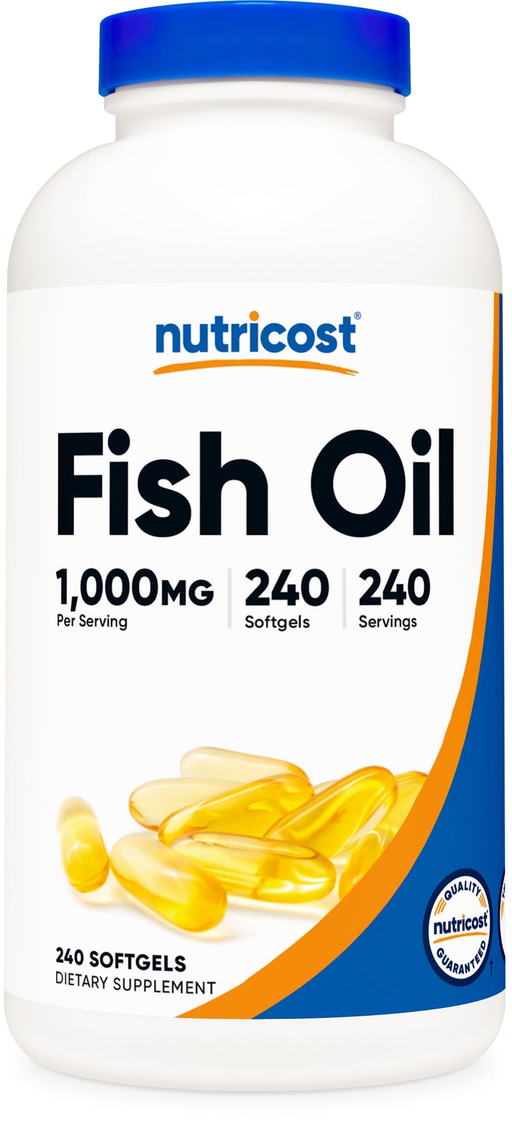 Nutricost Fish Oil softgels bottle shows omega-3 benefits for daily wellness.
