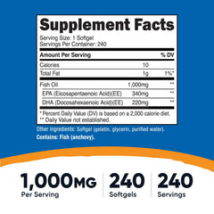 Nutricost fish oil capsules closeup highlights 1000mg per softgel and EPA/DHA.