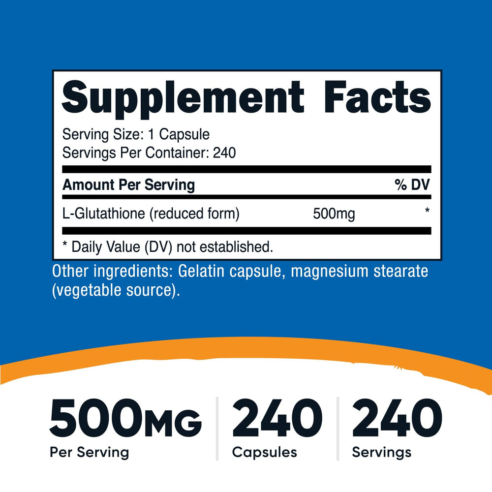 Nutricost Glutathione capsules being poured for easy daily supplementation