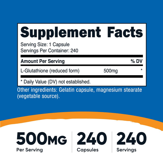 Nutricost Glutathione capsules being poured for easy daily supplementation