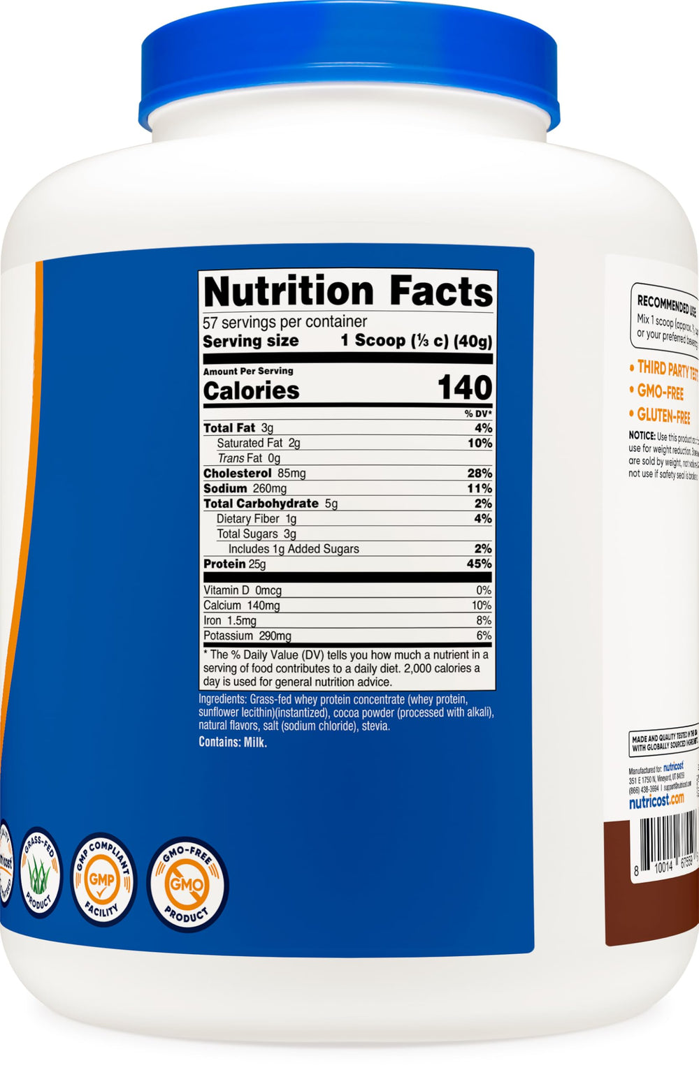 Nutricost Grass-Fed Whey Chocolate container ready for storage