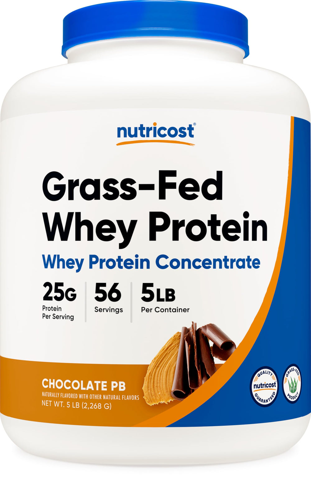 Nutricost grass-fed whey concentrate chocolate peanut butter container supports post-workout protein.