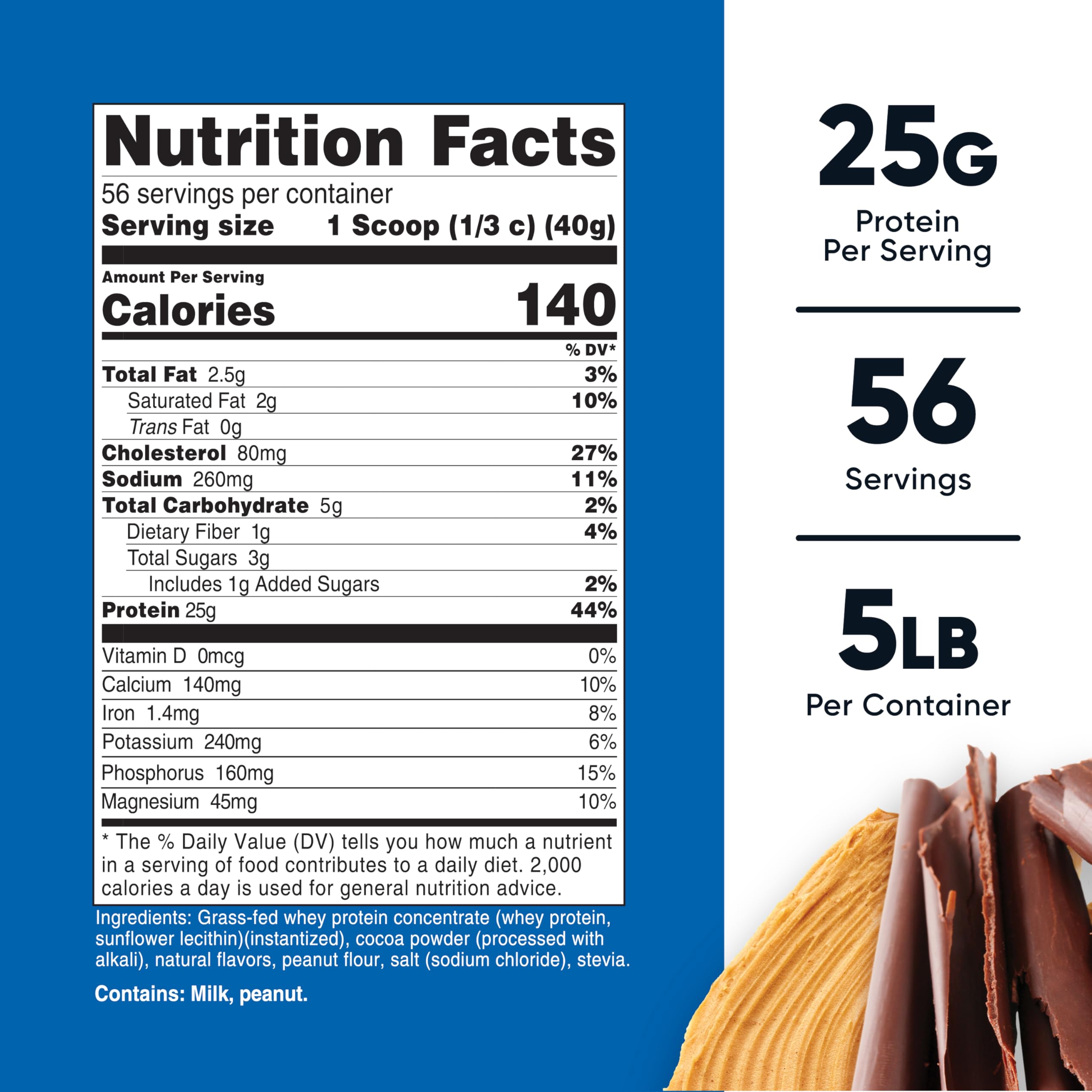 Nutricost grass-fed whey label close-up showing chocolate peanut butter flavor.