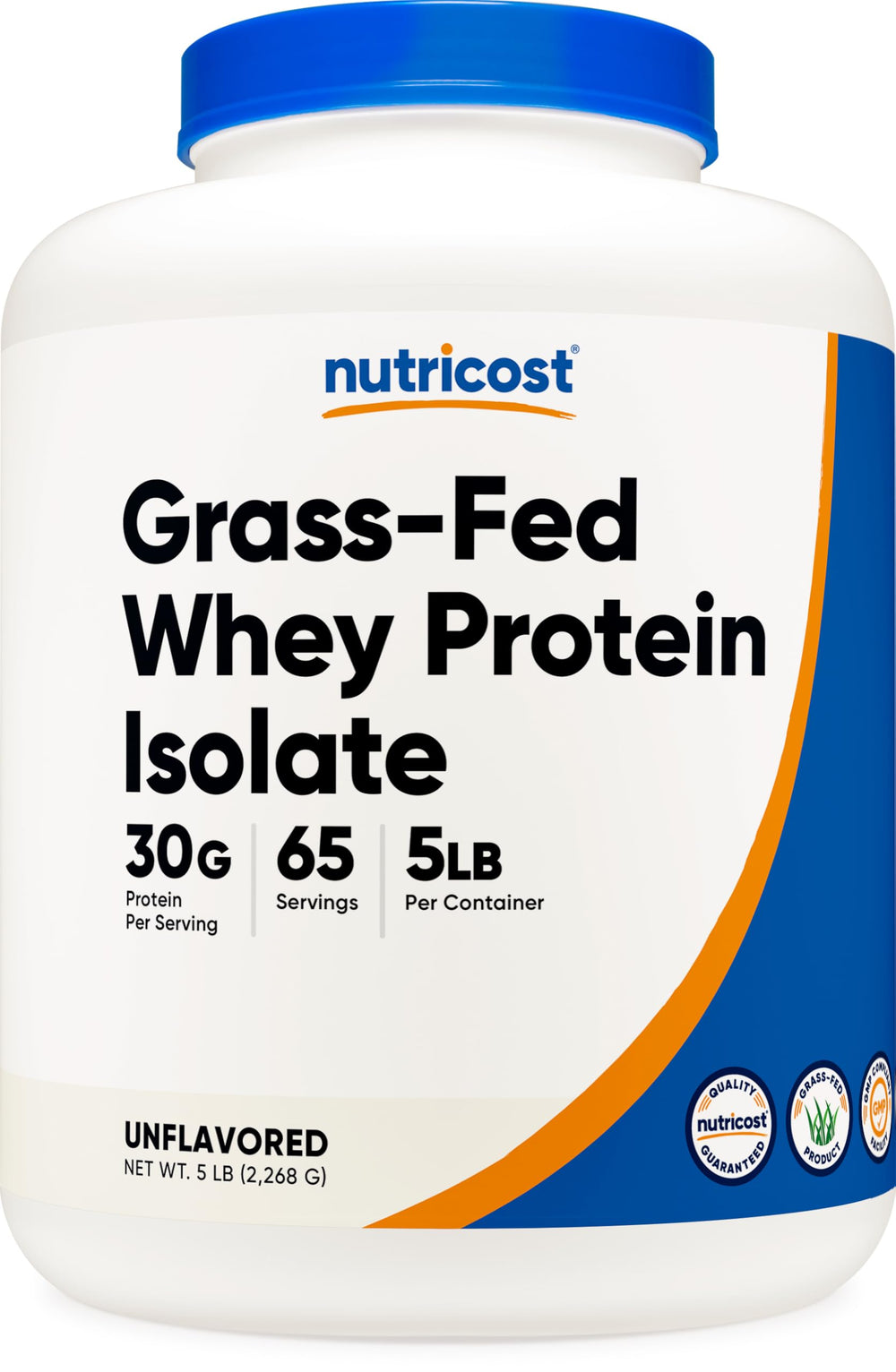 Nutricost Grass-Fed Whey Isolate 5lb bottle pour for smooth easy mixability