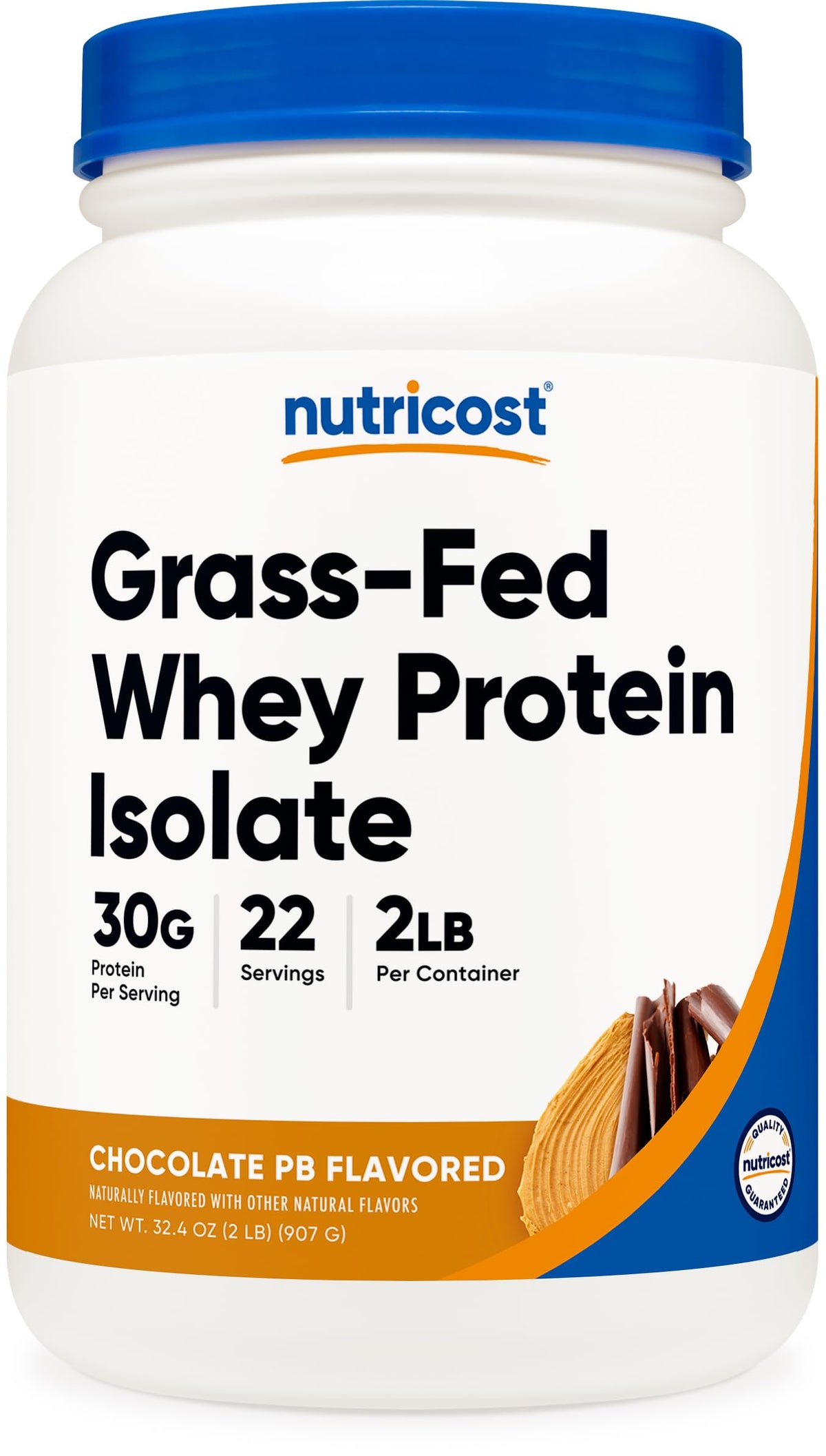 Nutricost Grass-Fed Whey Isolate packaging with high-protein Chocolate Peanut Butter flavor.