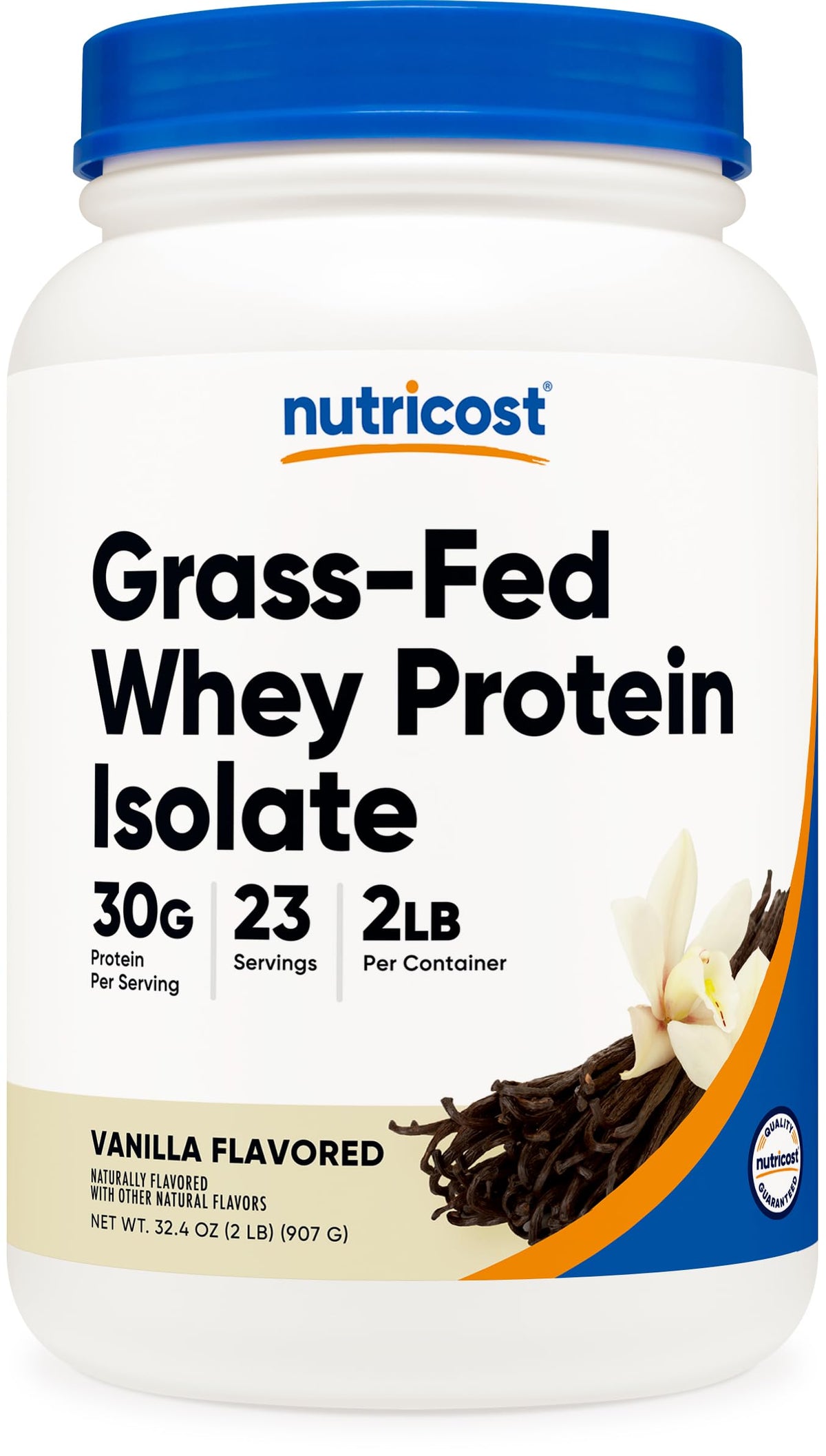 Nutricost Grass-Fed Whey Isolate Vanilla bottle shows premium protein source