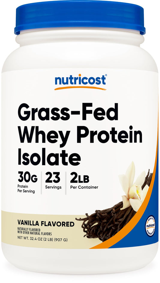 Nutricost Grass-Fed Whey Isolate Vanilla bottle shows premium protein source