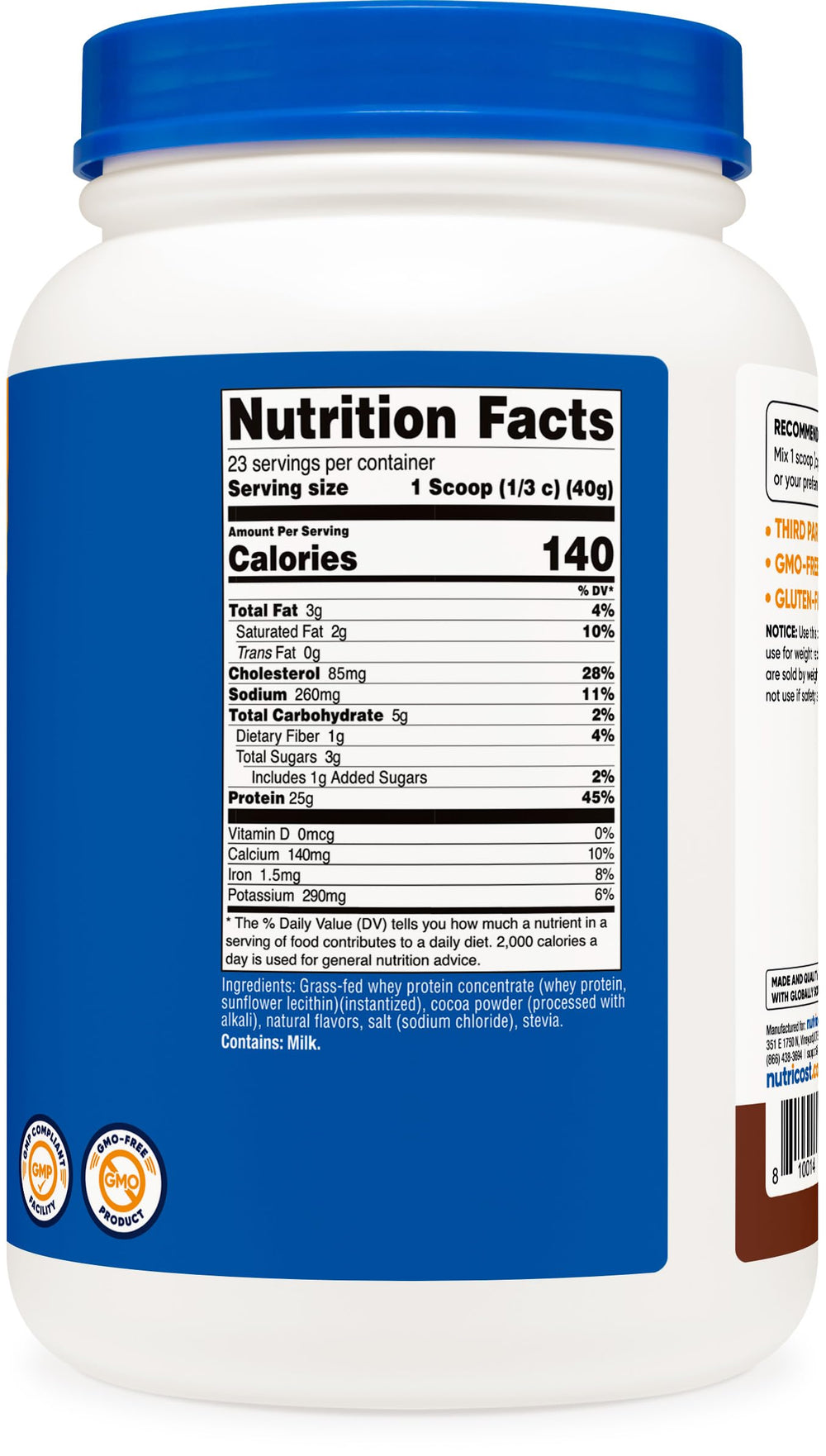 Close-up of Nutricost grass-fed whey label with chocolate flavor
