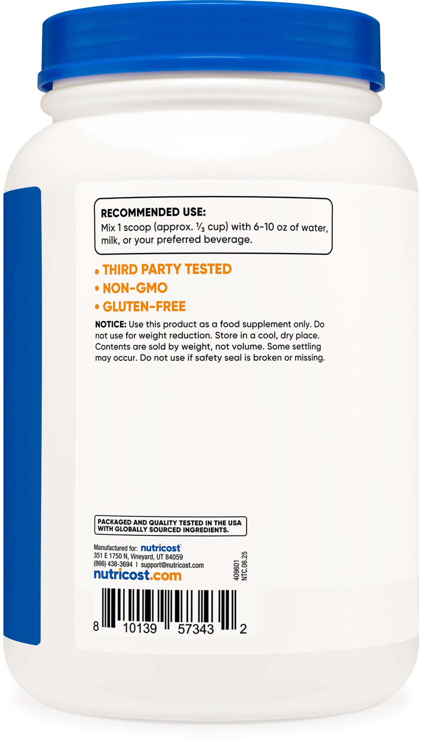 Nutricost grass-fed packaging emphasizes cold processing and purity