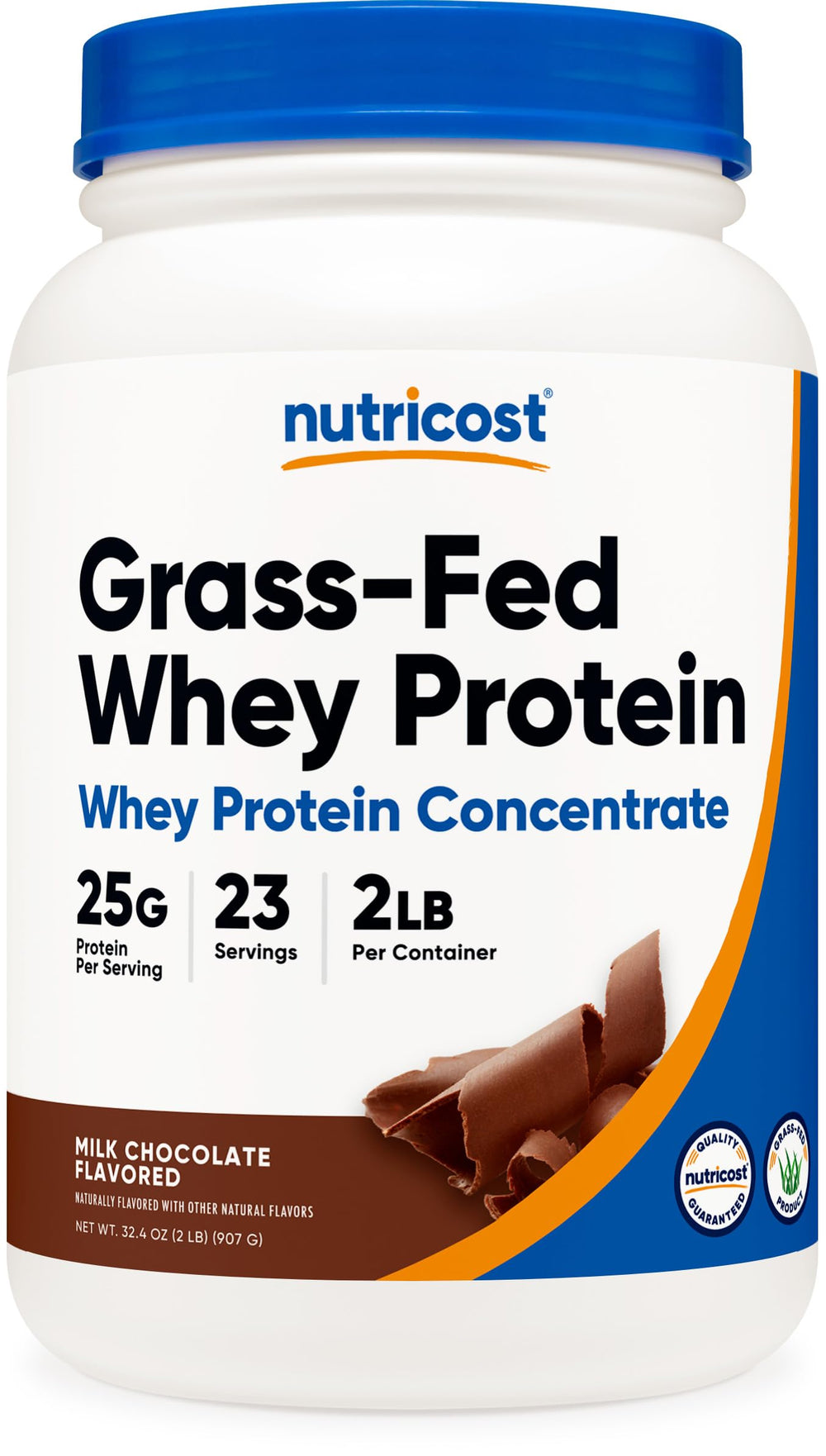 Nutricost grass-fed whey protein bottle with chocolate flavor for post-workout fueling