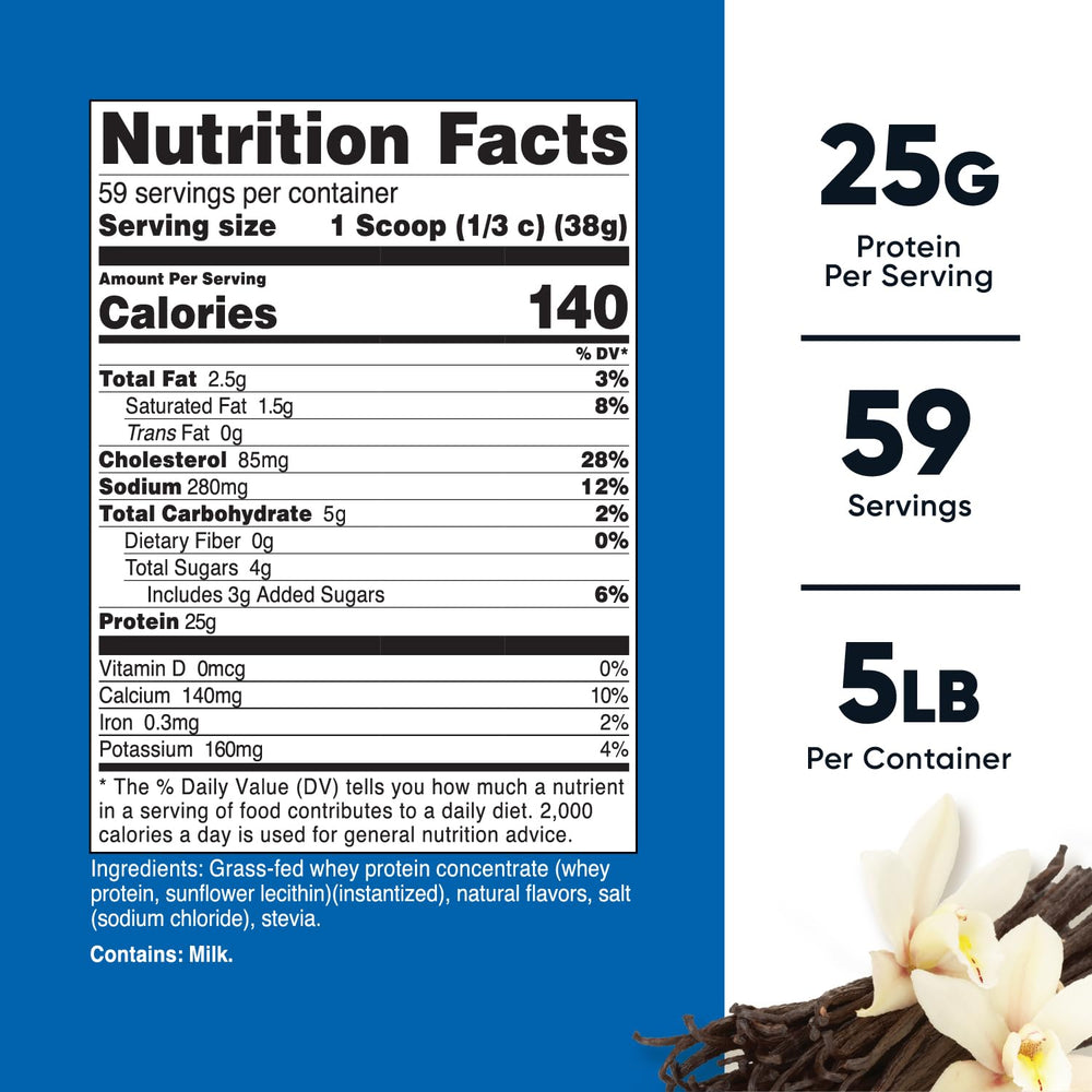 Nutricost Grass-Fed Whey Vanilla bottle back highlighting purity and rBGH-free formula.
