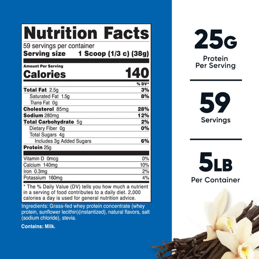 Nutricost Grass-Fed Whey Vanilla bottle back highlighting purity and rBGH-free formula.