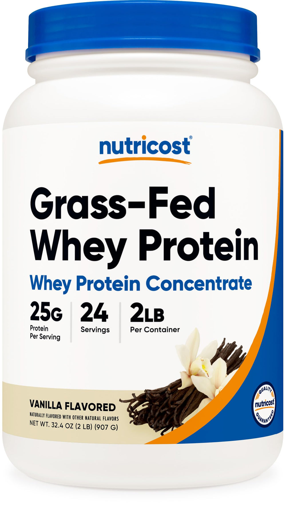 Nutricost Grass-Fed Whey Vanilla bottle front showing product packaging and label