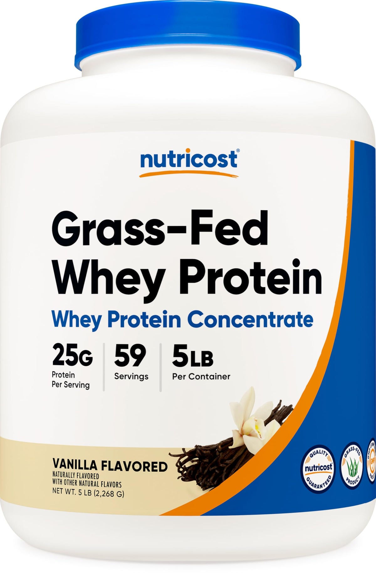 Nutricost Grass-Fed Whey Vanilla bottle front for premium daily shakes.